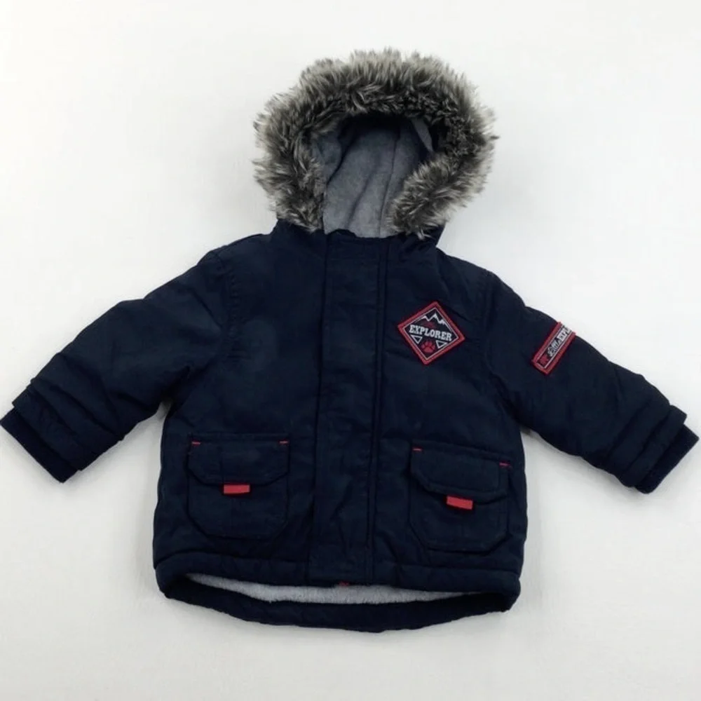 Little Explorer Navy Blue Red Fur Lined Parka Winter Coat Boy’s Size 3-6 months